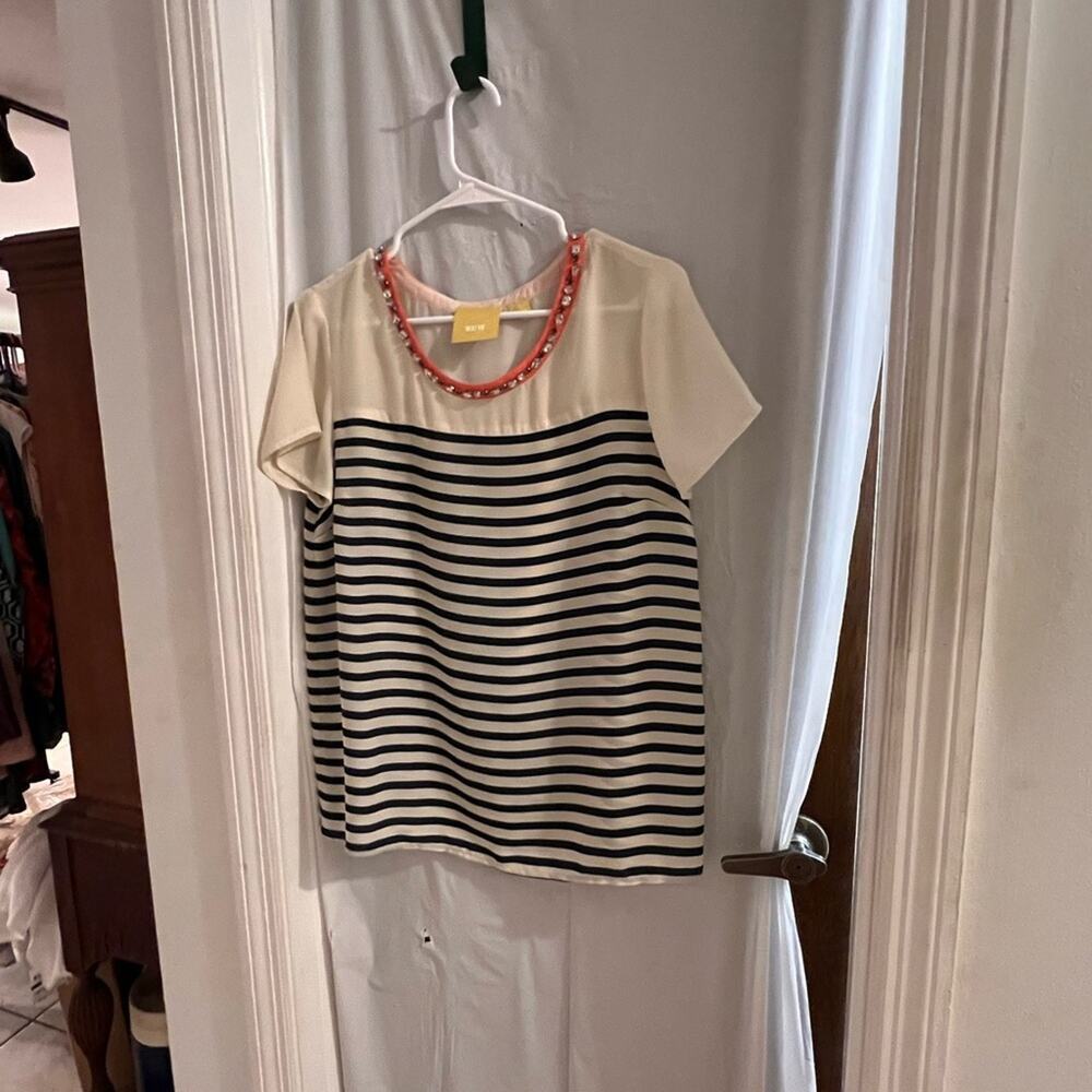 Maeve Anthropologie blue cream striped jeweled neck shirt size medium